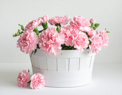 Pink carnations in white basket