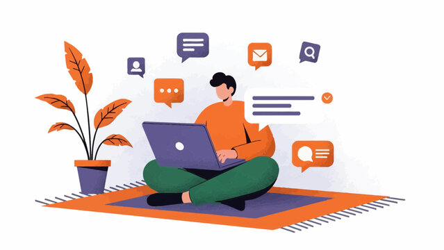 Young man working remotely on laptop in cozy home environment with chat bubbles - Powered by Adobe