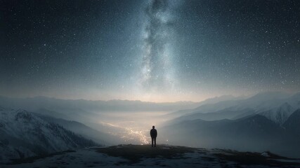 A lone figure gazes at the breathtaking night sky filled with shimmering stars and the Milky Way, surrounded by majestic mountains and a tranquil valley below.