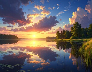A serene waterscape, mirroring a sunset's fiery hues and billowing clouds in perfect reflection. Forest lines the shores