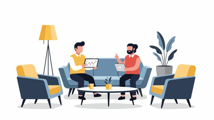 Two colleagues collaborating on laptops in modern living room setting