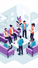 Business team discussing ideas in modern office space with coffee