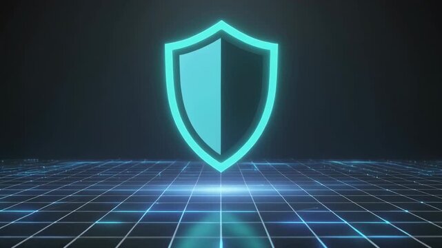 Digital Shield Icon Glowing on Futuristic Grid Background. 4K Abstract Background Animation Video