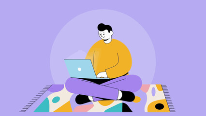 Young man working remotely on laptop in casual comfortable setting