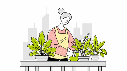 Woman nurturing plants in urban setting with cityscape background