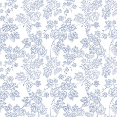 Obraz premium Seamless line art pattern of grapevine branches and leaves in toile de Jouy style. Elegant botanical design perfect for wine labels, packaging, backgrounds, and vineyard-themed projects.