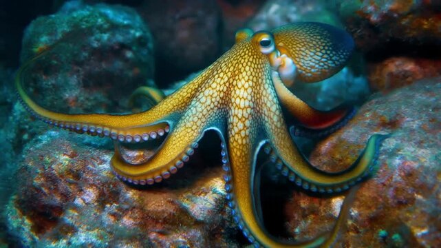 Close-up of a camouflaging cephalopod navigating a coral reef featuring realistic skin texture and color shifts, 3D render.