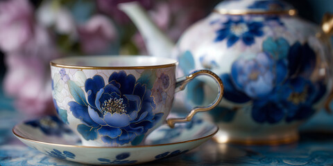 Vintage floral tea cup and teapot on blue tablecloth with flowers  