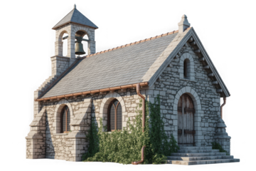 Rustic Stone Chapel with Bell Tower on Transparent Background