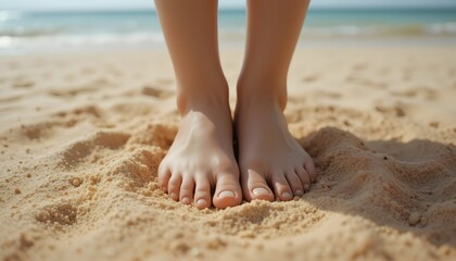 Close-up of bare feet resting on warm sand.