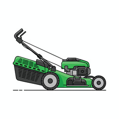 Side view illustration of a lawnmower, colored green, with collection basket