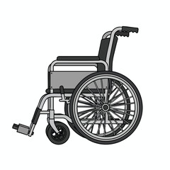 A side view of a wheelchair illustration with two large wheels and smaller front ones