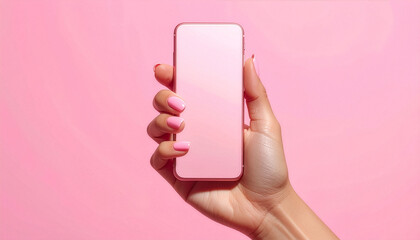 Woman's hand holding a pink smartphone on a pink background