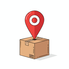 A red location marker piercing a brown cardboard box, on a white background