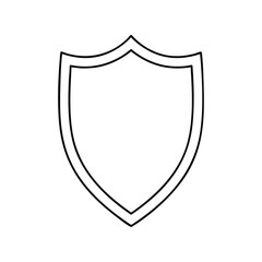 A simple, black outline of a shield shape on a stark white background