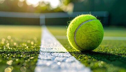 Close-up of a tennis ball on the court line.