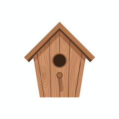 A wooden birdhouse with a round entrance, vertical lines, and sloped roof