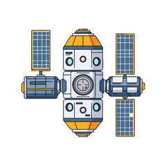 Colorful illustration of a space station with solar panels and multiple compartments