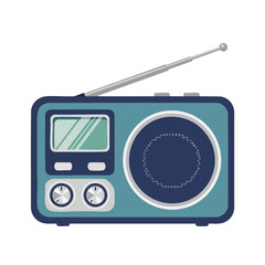 A flat-design illustration of a retro teal and navy blue radio receiver