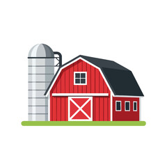 A vector illustration of a red barn and silo on a green base, white background