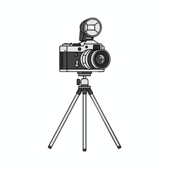Illustration of a classic camera with flash, mounted on a tripod against a white background
