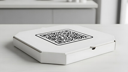 White pizza box on a kitchen counter featuring a prominent QR code, symbolizing modern food delivery and digital convenience for easy ordering or accessing information