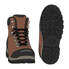 Two brown hiking boots with black accents, one upright, the other showing the sole