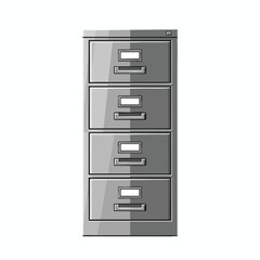 A metallic, four-drawer filing cabinet with labels and handles
