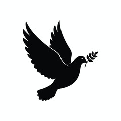 A silhouette of a dove in flight, carrying an olive branch