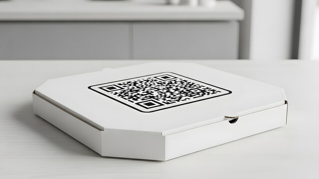 White pizza box on a kitchen counter featuring a prominent QR code, symbolizing modern food delivery and digital convenience for easy ordering or accessing information - Powered by Adobe