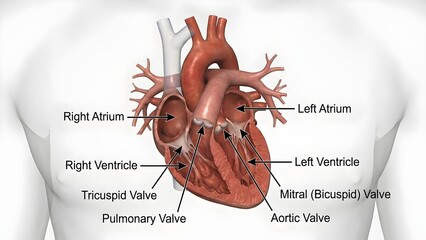 Detailed illustration of human heart anatomy with labeled parts including atriums, ventricles, valves, and blood vessels on a light background