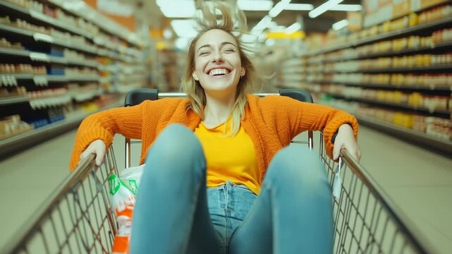 Young women having fun riding in shopping carts at grocery store