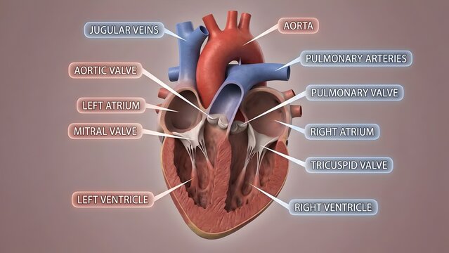 Detailed human heart anatomy with labeled parts including aorta, pulmonary arteries, ventricles, atriums, valves, and veins, educational medical illustration