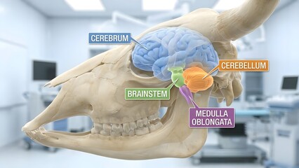 Detailed anatomy of a cow brain with labeled parts including cerebrum cerebellum brainstem and medulla oblongata in a medical setting with health