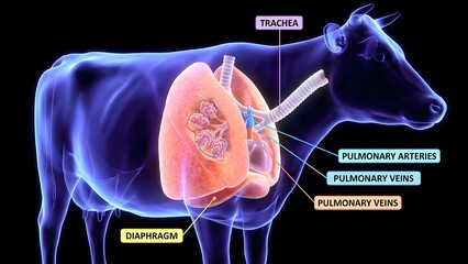 Detailed anatomical illustration of a cow's respiratory system with labeled trachea, pulmonary arteries, pulmonary veins, and diaphragm with anatomy
