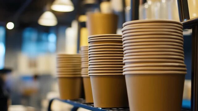 Stacks of disposable coffee cups in cafe