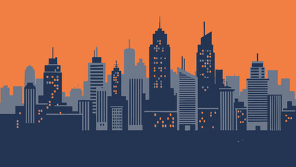 Fototapeta premium Modern City Skyline Silhouette at Night with Orange Sky, Representing Urban Life and Metropolis