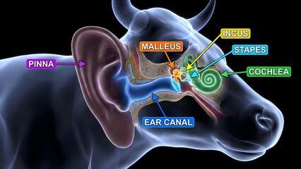 Detailed anatomy of a cow's ear with labeled parts including pinna, ear canal, malleus, incus, stapes, and cochlea for educational purposes with medical