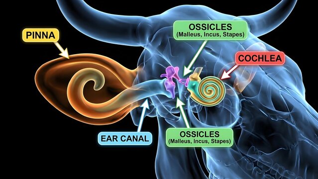 Detailed anatomy of human ear with labeled parts including pinna, ear canal, ossicles, and cochlea for educational purposes in medicine and healthcare
