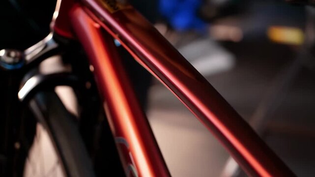 Medium shot capturing the deep rich hues of a custom anodized aluminum bike frame focusing on sleek design and vibrant oxide coating.