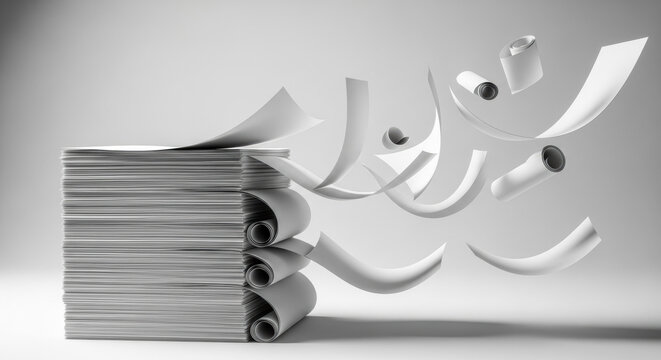 Stack of white paper sheets with rolled papers flying up in white background, illuminated studio lighting, business concept, deadline pressure, overwhelmed with work.