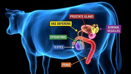 Detailed anatomical illustration of a bull's male reproductive system with labeled parts including prostate gland, seminal vesicles, vas deferens, epididymis, testes