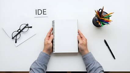 Programmer's workspace flat lay with hands holding a blank spiral notebook, featuring an 'IDE' note, eyeglasses, and colorful pencils, ideal for software development and strategic planning concepts