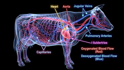 Detailed anatomical illustration of a cow's circulatory system showing heart, arteries, veins, and blood flow with anatomy and science and medical