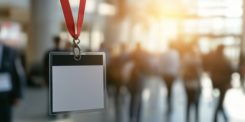 Blank identification badge hanging with blurred crowd in background  