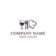 Obraz premium Restaurant Logo Design with Chef Hat Wine Glass and Cutlery.