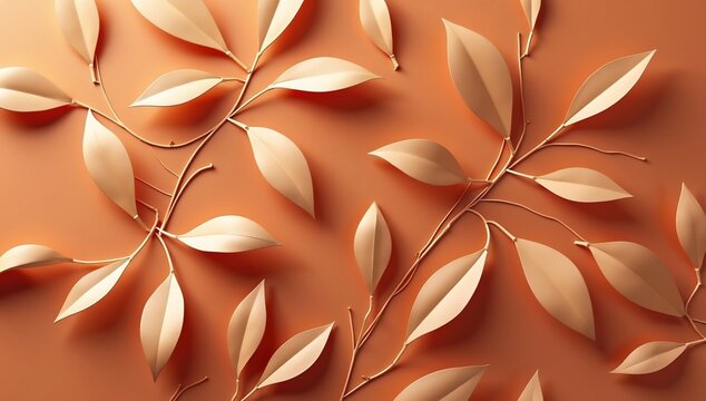 Golden stylized leaves and delicate branches on a warm terracotta background minimalist arrangement