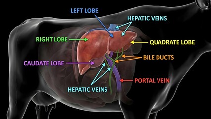 Detailed anatomical illustration of a cow's liver with labeled lobes and veins for educational purposes in science and medicine with anatomy