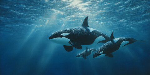 Fototapeta premium Orcas swimming together in deep blue ocean with sunlight filtering 