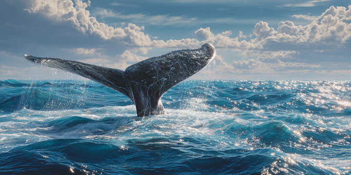 Whale tail emerging from ocean waters under dramatic skies  